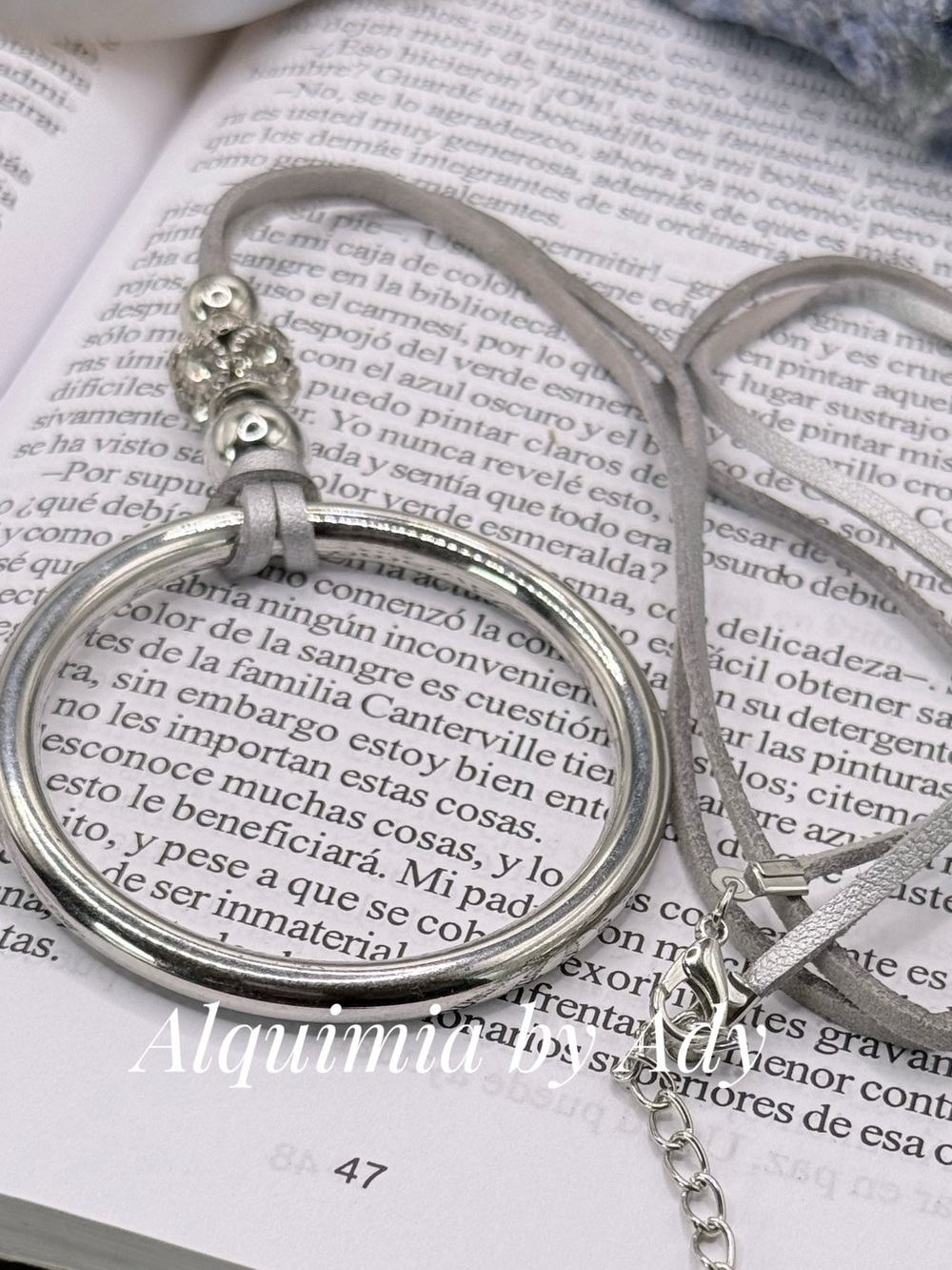 Sculptural Silver Double Ring Pendant Necklace - Silver suede